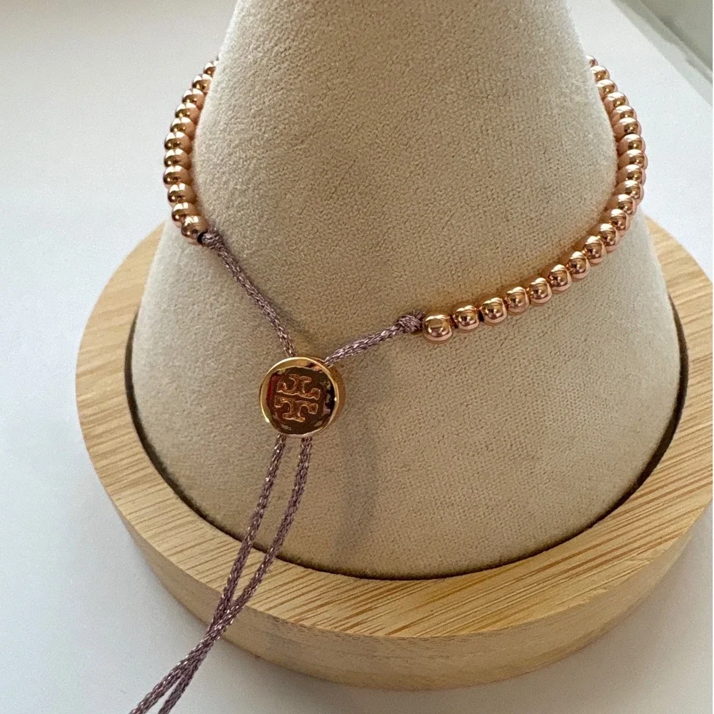 Tory Burch Miller Rose Gold Tone Pave Beaded Slider Bracelet Adjustable NEW